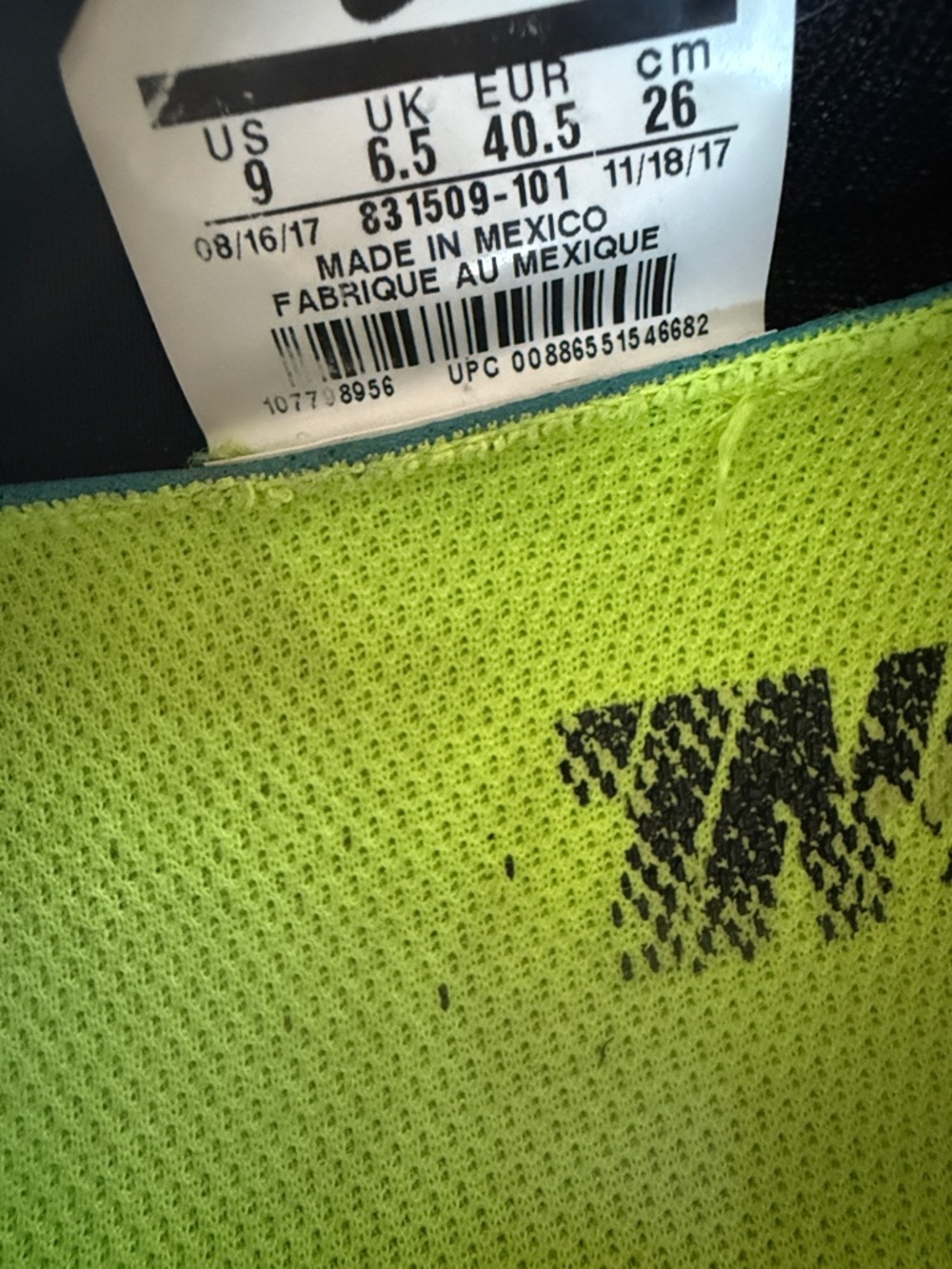 Men's Neon Yellow Athletic Shoe Tongue with Black Print